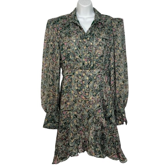 Rococo Sand Mini Shirt Dress Sheer Metallic Paisley Button Up Collar Green Small - Picture 2 of 13